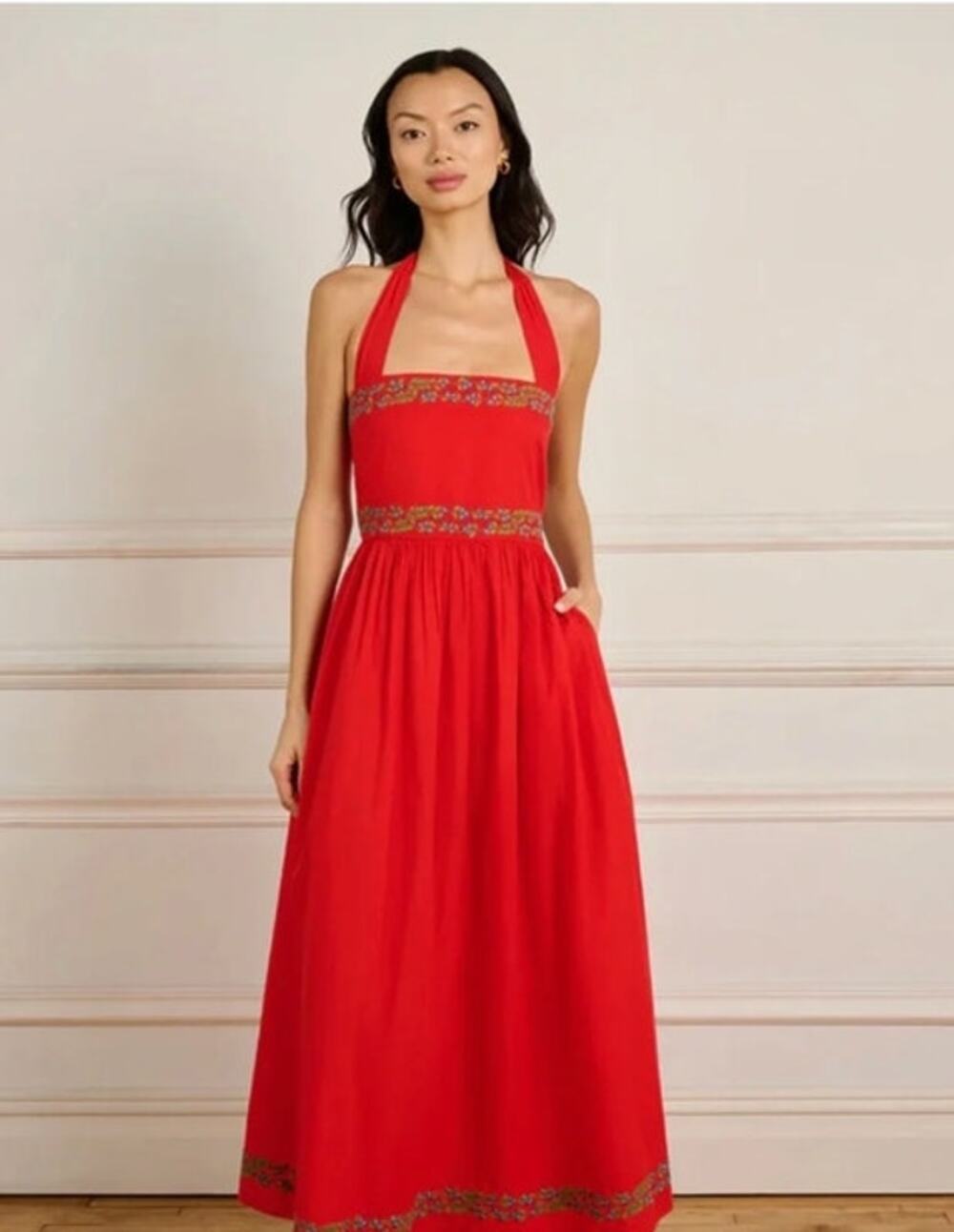 Red Halter Midi Dress with Embroidered Trim - Women
